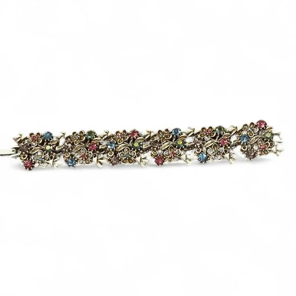 Vintage‎ Fairy Garden Floral Rhinestone Bracelet Pastel Flower Link Cottagecore
